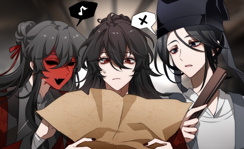 3boys absurdres bandaged_arm bandages black_eyes black_hair black_hanfu black_hat black_nails black_sclera blurry blurry_background chinese_clothes chinese_commentary closed_mouth coat colored_sclera colored_skin dao_gui_yi_xian fang folded_fan folding_fan grey_coat hair_between_eyes hair_bun hair_ribbon half_updo hand_fan hanfu hat hat_ribbon highres holding holding_fan holding_map hong_zhong_(illusory) jin_(headwear) li_huowang long_hair long_sleeves looking_at_object male_focus map multiple_boys musical_note nail_polish open_mouth red_coat red_eyes red_nails red_ribbon red_skin ribbon robe sidelocks single_hair_bun smile speech_bubble spoken_musical_note spoken_x sweatdrop updo upper_body vincent_(xialuotalotta) white_hanfu zhouzi_jin_(headwear) zhuge_yuan zuo_wang_dao