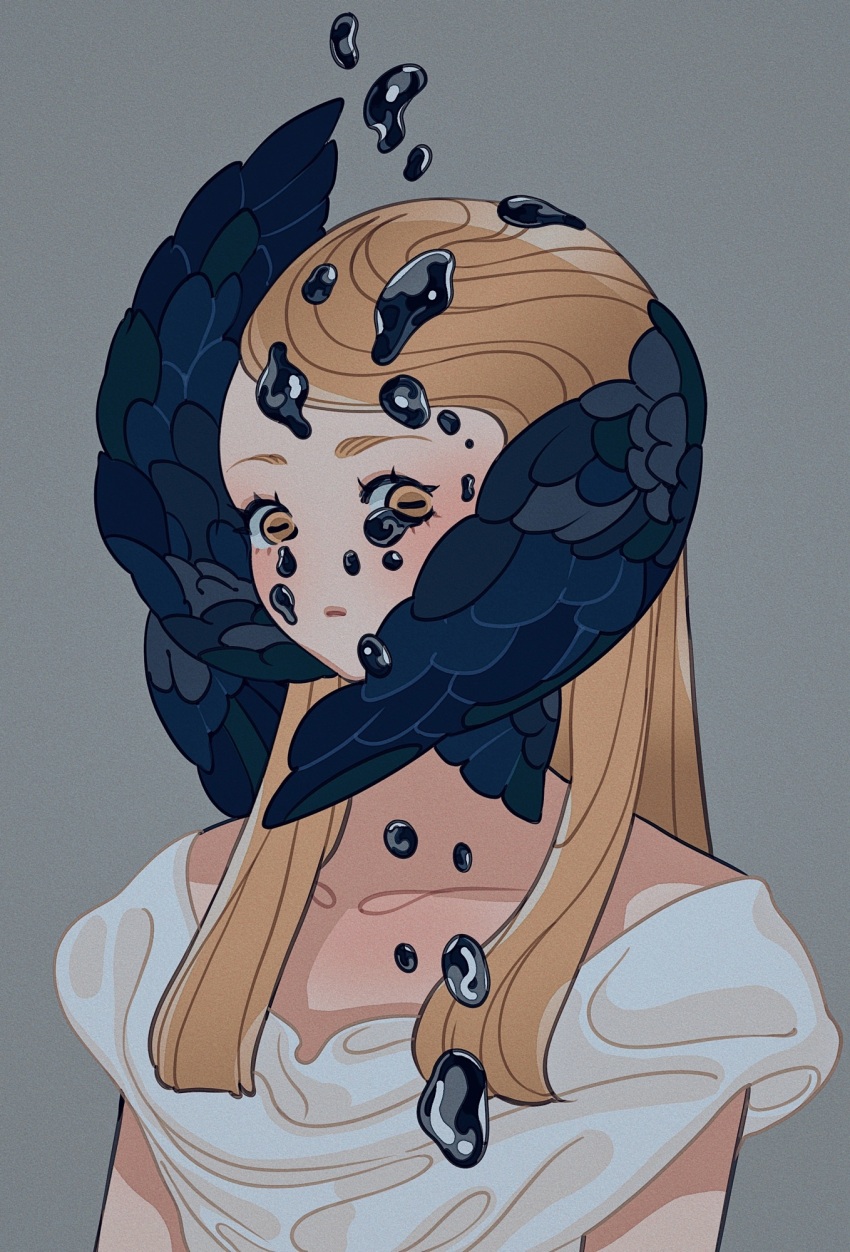 1girl black_feathers black_liquid black_tears black_wings blonde_hair blue_feathers blue_wings brown_eyes collarbone commentary dress english_commentary feathers film_grain floating floating_liquid floating_tears grey_background head_wings highres horizontal_pupils liquid long_hair meyoco open_mouth original short_sleeves simple_background solo white_dress wings