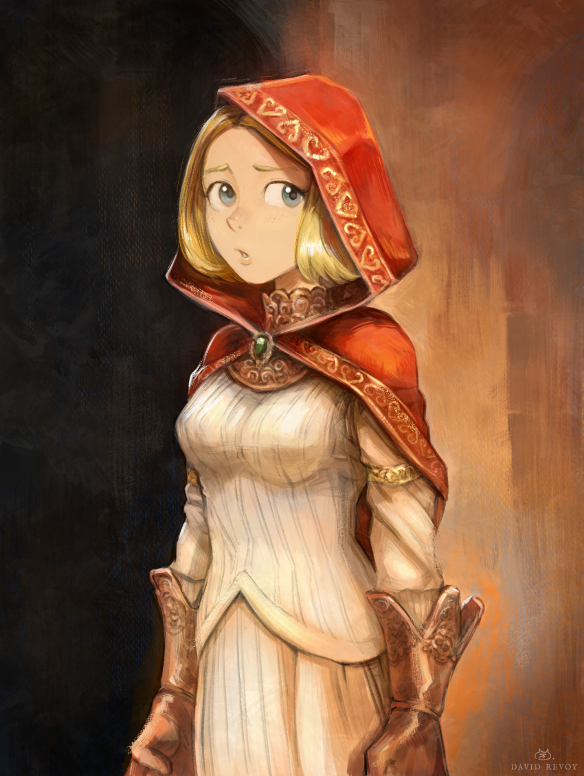 1girl armlet blonde_hair blue_eyes cloak david_revoy elden_ring gloves highres hood hooded_cloak jewelry long_sleeves neckerchief open_mouth parted_hair red_cloak red_hood roderika_(elden_ring) shirt skirt solo tunic white_shirt white_skirt white_tunic