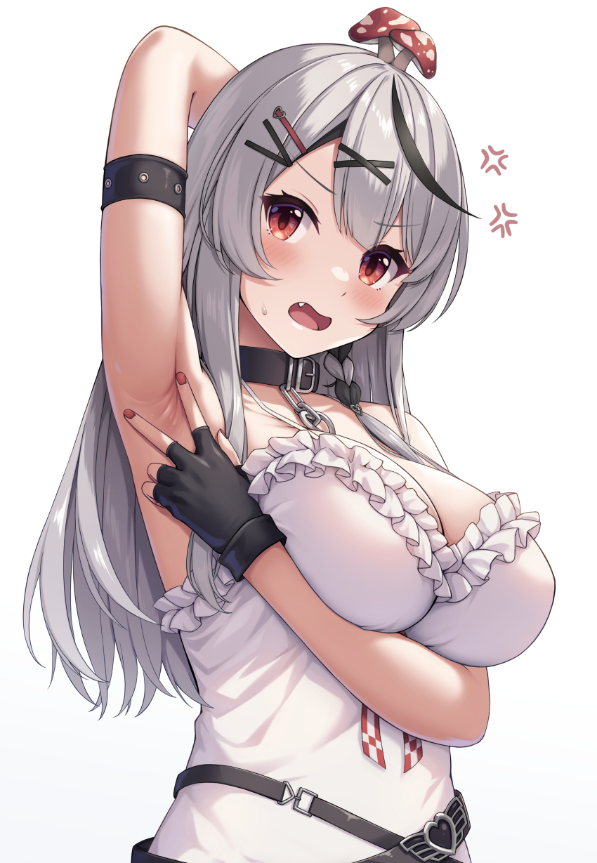 1girl absurdres anger_vein arm_strap armpits black_collar blush breasts collar fang fingerless_gloves gloves grey_hair hair_ornament highres hololive large_breasts long_hair multicolored_hair mushroom_on_head open_mouth presenting_armpit red_eyes red_nails sakamata_chloe sakamata_chloe_(1st_costume) shirt solo streaked_hair tousaki_(tousakiworks) virtual_youtuber white_shirt x_hair_ornament
