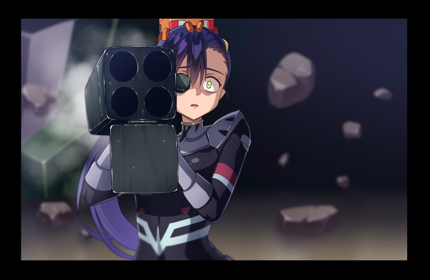 1girl 85neko commentary_request conch_(gundam) constricted_pupils gun gundam gundam_gquuuuuux highres holding holding_gun holding_weapon long_hair looking_at_viewer mecha_pilot_suit missile_pod non-humanoid_robot normal_suit_(gundam) nyaan_(gundam_gquuuuuux) open_mouth ponytail purple_hair robot rubble scene_reference science_fiction traumatized very_long_hair weapon wide-eyed yellow_eyes