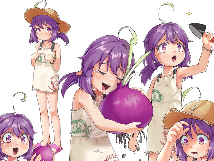 1girl ahoge blush bracelet child crying crying_with_eyes_open dress drooling female_focus fingers_together food happy_tears hat highres holding holding_food jewelry looking_at_viewer onion onion_(tamanegi) open_mouth original pointy_ears purple_eyes purple_hair purple_sandals sandals short_dress simple_background solo standing straw_hat tareme tears trowel twintails white_background