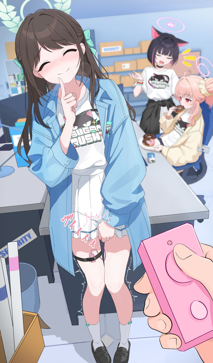 1boy 3girls absurdres airi_(band)_(blue_archive) airi_(blue_archive) animal_ears black_choker black_hair black_jacket blue_archive blurry blush box brown_hair cardboard_box cat_ears cat_girl choker closed_eyes closed_mouth clothes_around_waist colored_inner_hair commentary_request controller donut eating egg_vibrator finger_to_mouth food hair_intakes hair_ornament hair_scrunchie half_updo highres holding holding_donut holding_food holding_remote_control index_finger_raised indoors jacket jacket_around_waist kazusa_(band)_(blue_archive) kazusa_(blue_archive) long_hair long_sleeves multicolored_hair multiple_girls nakaoka_ramu natsu_(band)_(blue_archive) natsu_(blue_archive) official_alternate_costume on_chair open_clothes open_jacket pink_hair pleated_skirt pov pov_hands print_shirt puffy_long_sleeves puffy_sleeves remote_control remote_control_vibrator scrunchie sex_toy shirt short_hair shushing skirt skirt_tug smile socks solo_focus thigh_strap trembling vibrator vibrator_in_thigh_strap white_jacket white_shirt white_skirt white_socks yellow_jacket yellow_scrunchie
