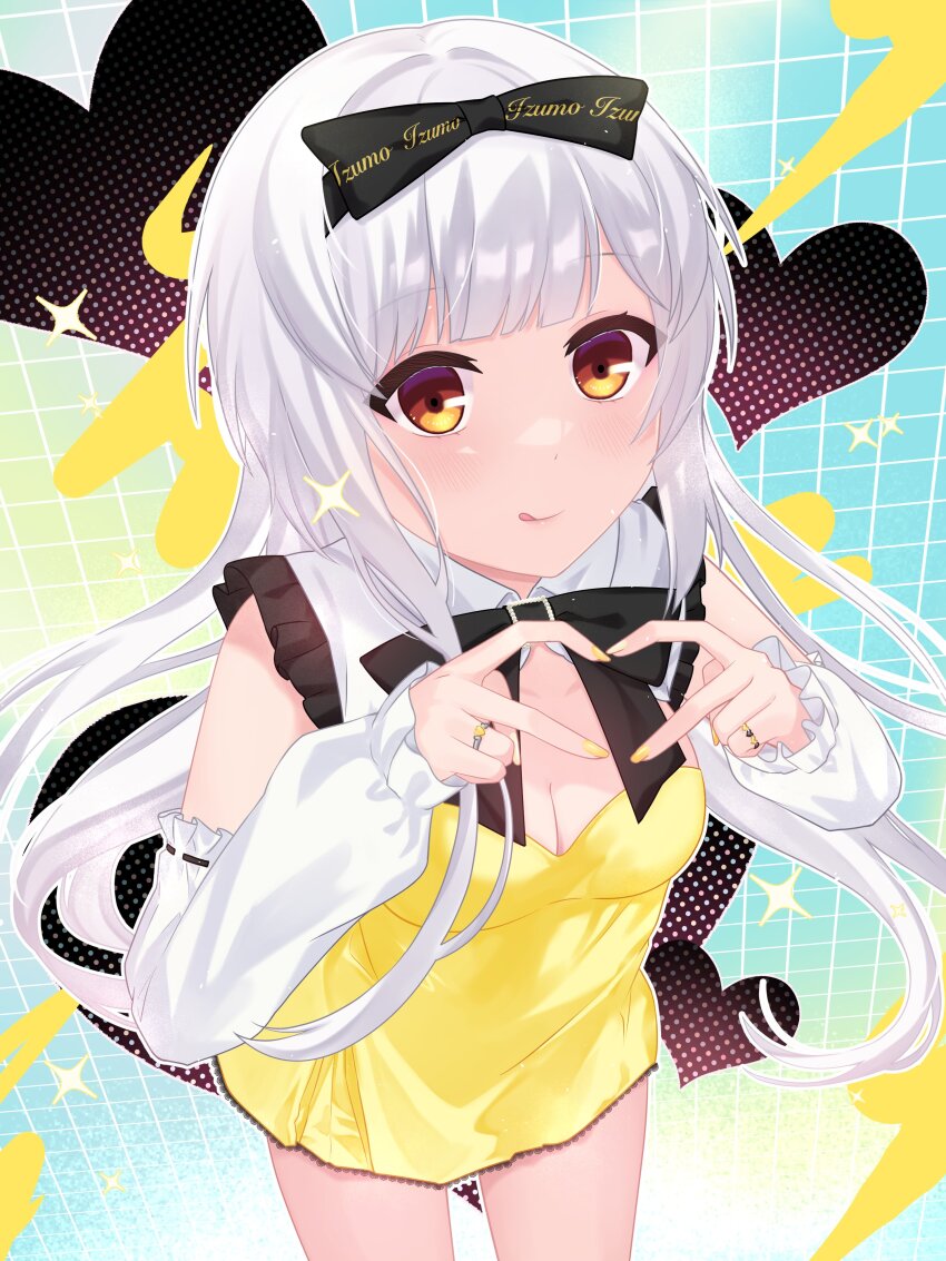 1girl absurdres adapted_costume ailis_(anilive) alternate_hairstyle black_bow blush bow breasts cleavage commentary copyright_name dot_nose dress english_commentary fingernails frilled_sleeves frills grid heart heart_hands highres izumo_lab jewelry long_hair medium_breasts multiple_rings orange_eyes ring shibuya_hikitz solo tongue white_hair white_sleeves yellow_dress yellow_nails