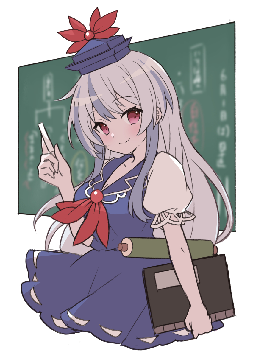 1girl absurdres ahase_hino blue_hat blue_skirt blue_vest book breasts chalk chalkboard cleavage closed_mouth collarbone commentary_request grey_hair happy hat highres holding kamishirasawa_keine long_hair looking_at_viewer medium_breasts multicolored_hair neckerchief puffy_short_sleeves puffy_sleeves red_eyes red_neckerchief red_ribbon ribbon scroll shirt short_sleeves sidelocks skirt smile solo touhou two-tone_hair upper_body very_long_hair vest white_shirt