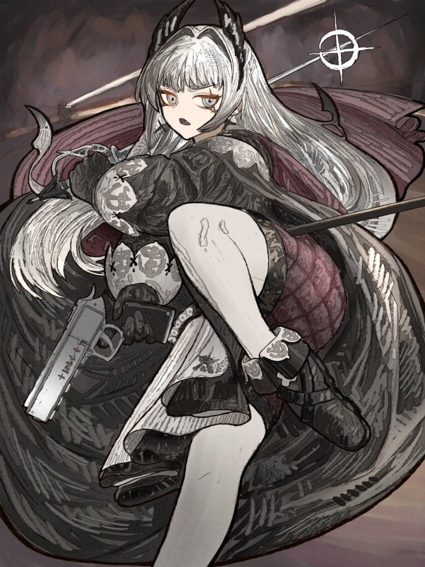 1girl arknights black_footwear black_gloves commentary english_commentary gloves grey_eyes grey_hair gun hair_intakes handgun head_wings highres holding holding_gun holding_sword holding_weapon irene_(arknights) long_hair open_mouth pantyhose rapier revolver scar scar_across_eye scar_on_face solo sword thiccborb weapon white_pantyhose wings