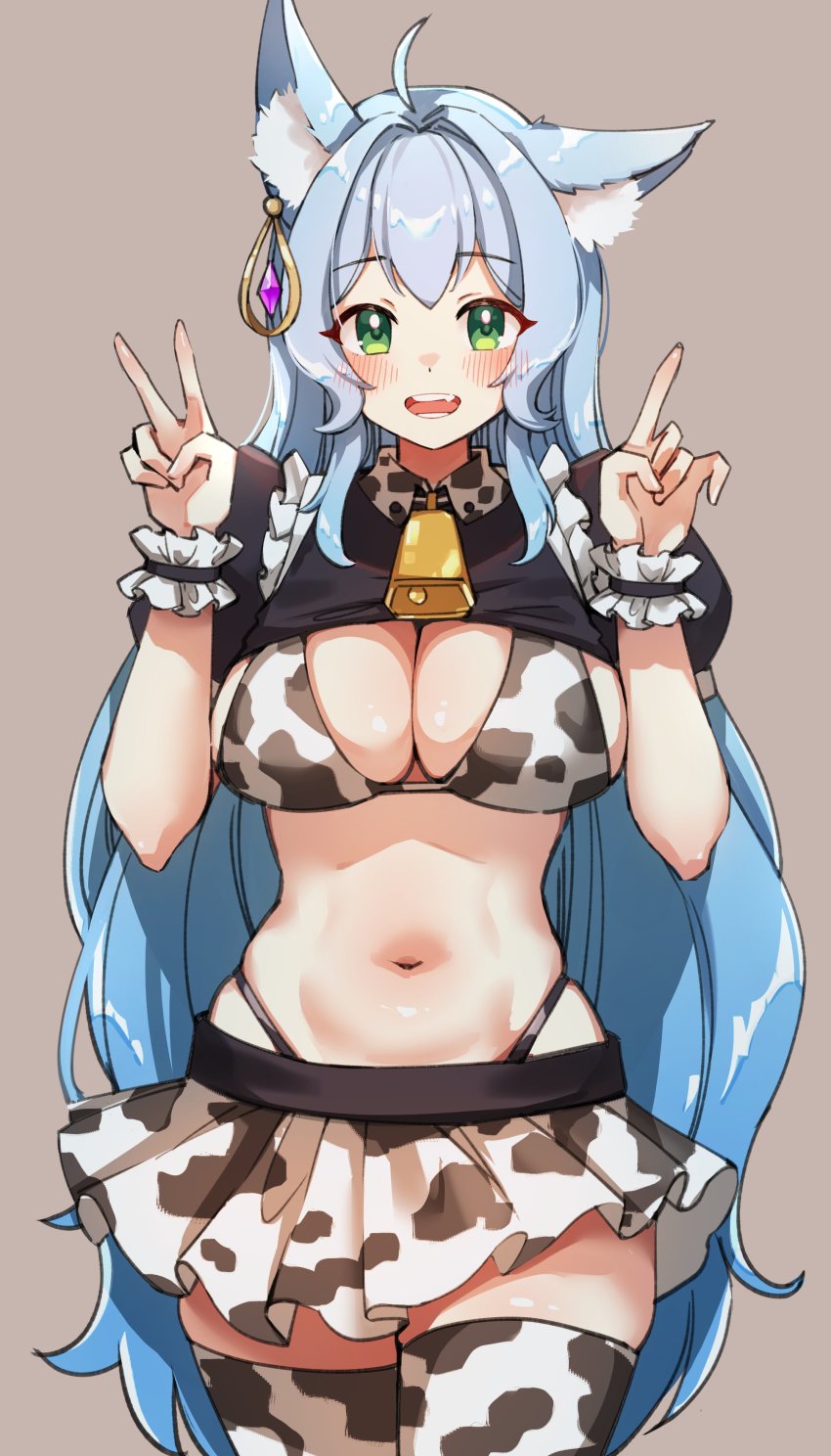 1girl :d absurdres animal_ear_fluff animal_ears animal_print bell bikini blue_hair breasts chinese_zodiac cleavage cow_print cow_print_bikini cowbell cowboy_shot earrings fang fox_ears foxyreine gradient_hair green_eyes grey_background hands_up highleg highleg_bikini highres index_finger_raised jewelry large_breasts long_hair looking_at_viewer midriff miniskirt multicolored_hair navel open_mouth original pleated_skirt print_bikini short_sleeves shrug_(clothing) simple_background sister_reine_(foxyreine) skindentation skirt smile solo standing stomach swimsuit thighhighs v very_long_hair white_bikini white_skirt white_thighhighs wing_collar wrist_cuffs year_of_the_ox zettai_ryouiki