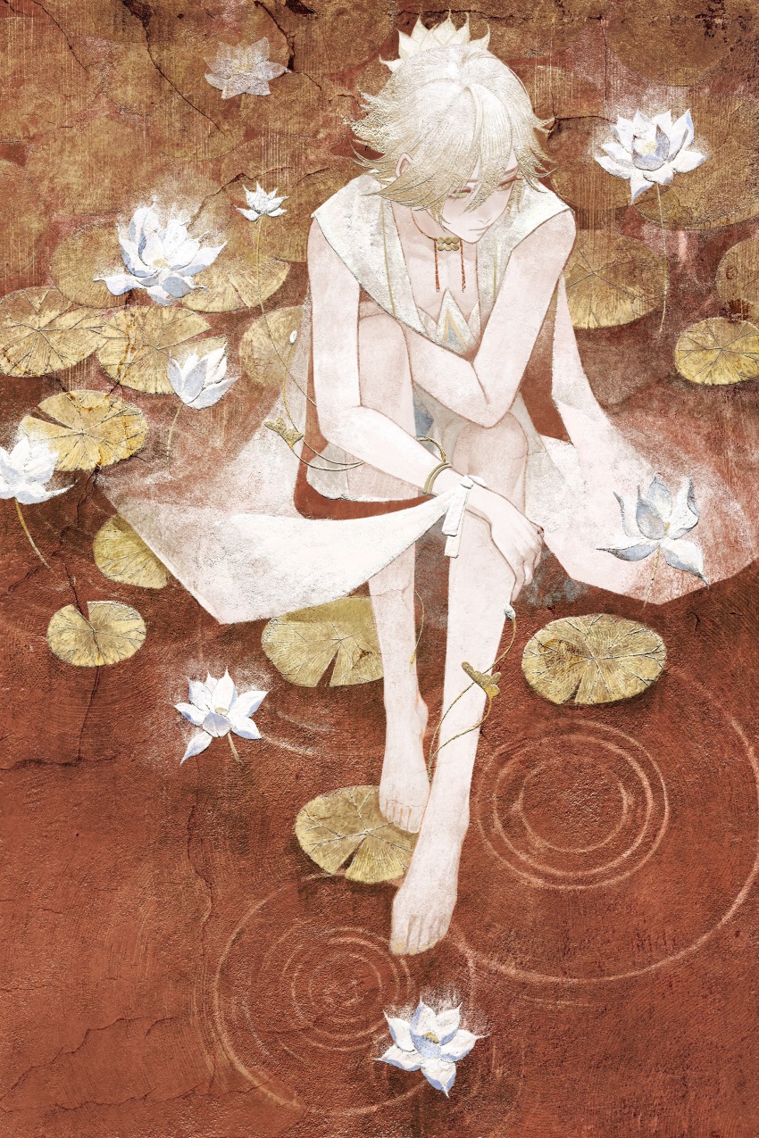 1boy absurdres bishounen blonde_hair bracelet calendulamew closed_mouth expressionless flower grey_eyes hair_between_eyes highres jewelry lily_pad looking_to_the_side lotus male_focus necklace onmyoji shirt short_hair sitting solo taishakuten_(onmyoji) water white_flower white_lotus white_shirt