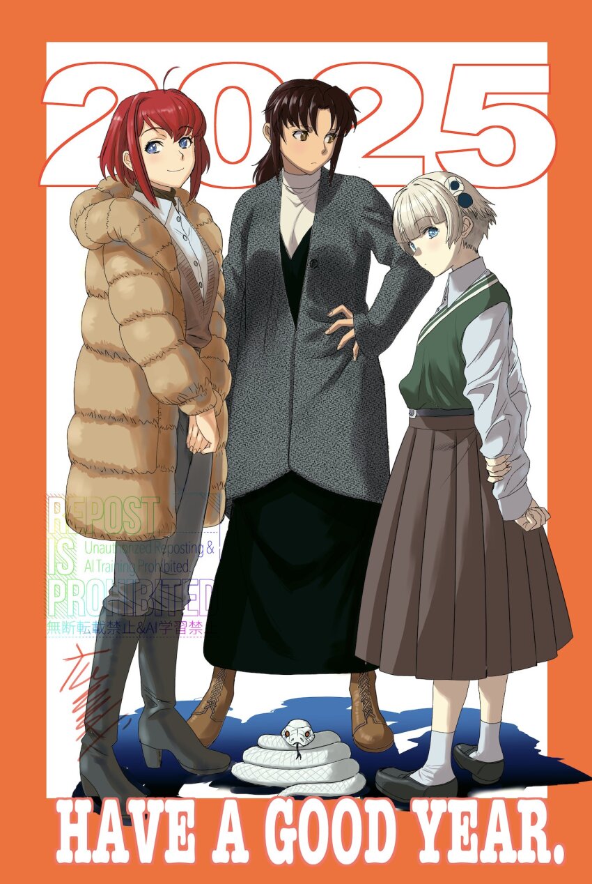2025 341_sentoudan 3girls black_lagoon blue_eyes blunt_bangs boots breasts brown_eyes brown_hair chinese_zodiac commentary_request creator_connection crossover ermina_shaumaher full_body hand_on_own_hip happy_new_year highres hiroe_rei jacket long_hair looking_at_viewer medium_breasts meteora_osterreich multiple_girls new_year open_clothes open_jacket ponytail re:creators red_hair revy_(black_lagoon) short_hair snake white_hair year_of_the_snake
