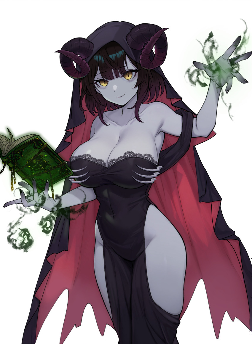 1girl absurdres arm_up bare_shoulders black_dress black_hair black_nails book breasts brown_eyes closed_mouth collarbone colored_skin commentary_request covered_navel dress grey_skin groin highres horns horns_through_headwear korean_commentary large_breasts looking_at_viewer nail_polish necromancer open_book original simple_background smile solo strapless strapless_dress veil white_background ysoa26