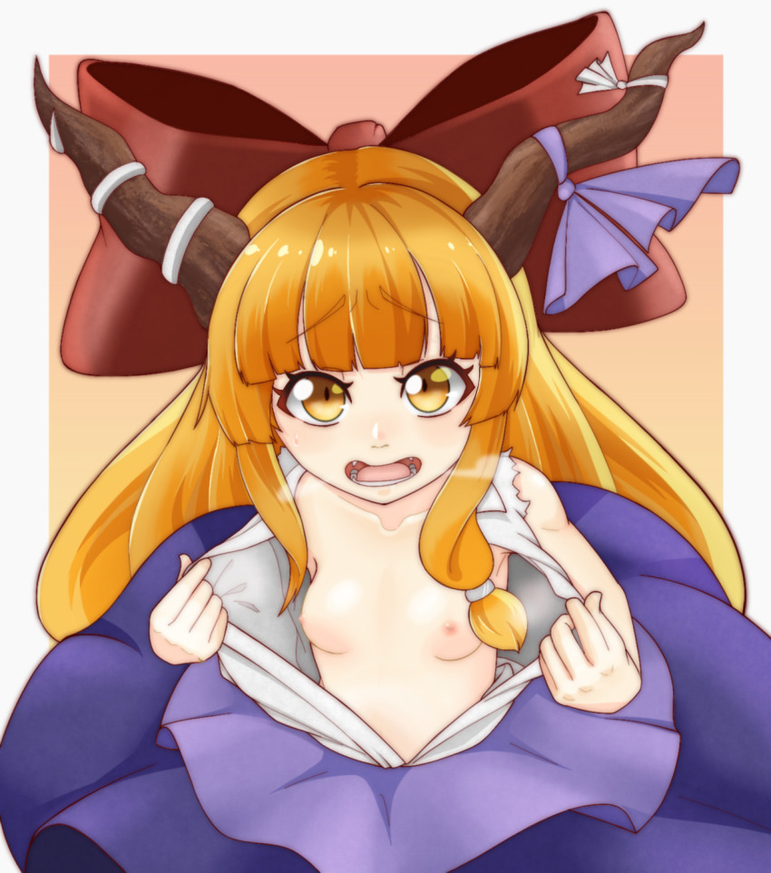 1girl blush bow breasts breasts_day brown_horns commentary_request cowboy_shot good_breasts_day hair_bow highres horn_bow horn_ornament horns ibuki_suika kurohiba long_hair looking_at_viewer nipples no_bra open_clothes open_mouth open_shirt orange_eyes orange_hair pink_background purple_bow purple_skirt red_bow shirt skirt sleeveless sleeveless_shirt small_breasts solo touhou white_background white_shirt
