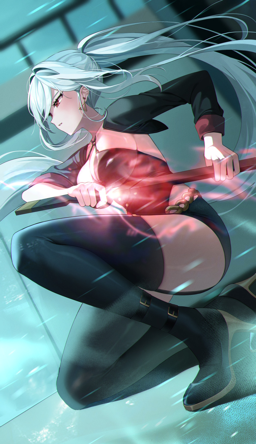 1girl absurdres black_leotard black_shoes black_shorts black_shrug black_thighhighs breasts cleavage commentary_request commission drawing_sword earrings floating_hair garter_straps high_heels highleg highleg_leotard highres holding holding_sword holding_weapon jewelry korean_commentary large_breasts leotard long_hair long_sleeves original parted_lips ponytail red_eyes second-party_source shant_07 shoes shorts shrug_(clothing) solo spaghetti_strap sword thighhighs very_long_hair weapon white_hair