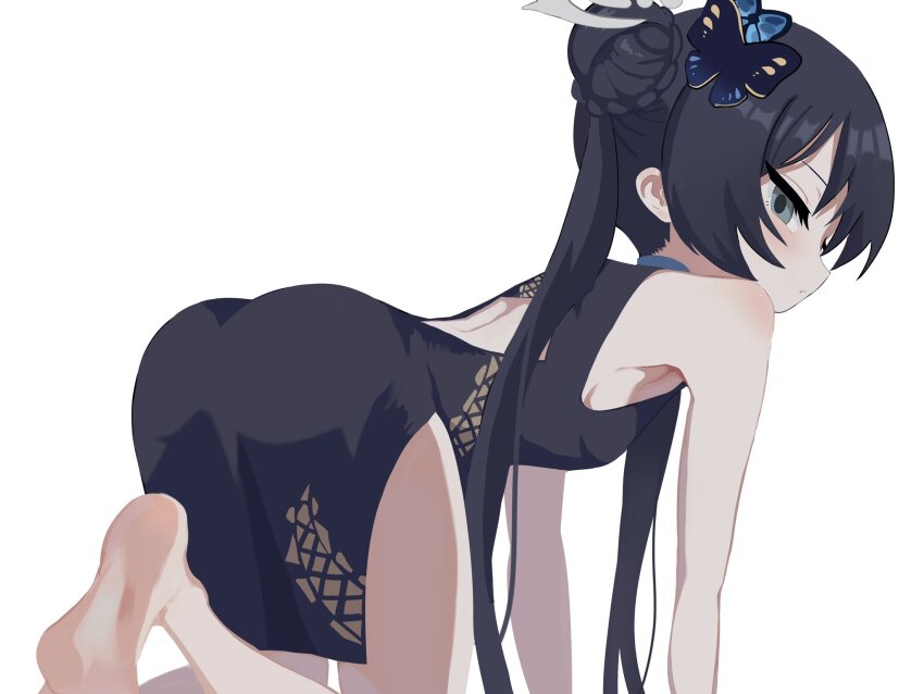 1girl all_fours ami_(igusa_luv) ass back_cutout bare_arms bare_legs barefoot black_dress blue_archive braid braided_bun breasts butterfly_hair_ornament china_dress chinese_clothes closed_mouth clothing_cutout double_bun dragon_print dress feet grey_eyes grey_halo hair_bun hair_ornament halo hip_vent kisaki_(blue_archive) loli long_hair looking_at_viewer looking_back pelvic_curtain print_dress simple_background sleeveless sleeveless_dress small_breasts soles solo twintails very_long_hair white_background