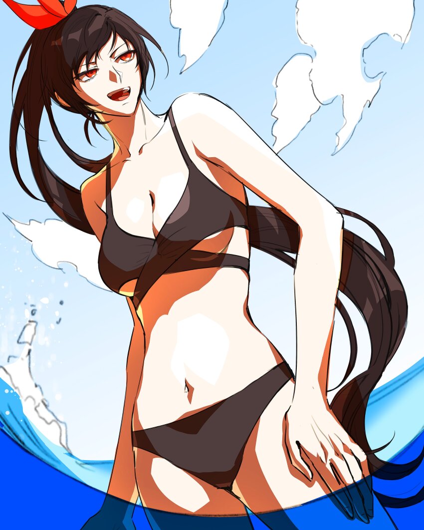 1girl 4444_2x2_4 absurdres bare_arms bare_shoulders bikini black_bikini black_hair blue_sky breasts cleavage cloud ha_yuri_zahard hand_on_own_hip highres long_hair looking_at_another ocean open_mouth original ponytail red_ribbon ribbon sky smile solo swimsuit teeth thighs tower_of_god upper_teeth_only water waves