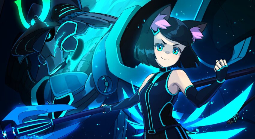 1girl animal_ear_fluff animal_ears bare_shoulders black_bodysuit black_gloves blue_bodysuit blue_eyes bodysuit cable commentary dated elbow_gloves electric_plug fingerless_gloves gloves haqu_(suweeka) highres holding holding_polearm holding_weapon looking_at_viewer mecha original polearm robot signature sky sleeveless sleeveless_bodysuit smile star_(sky) starry_sky suweeka two-tone_bodysuit weapon