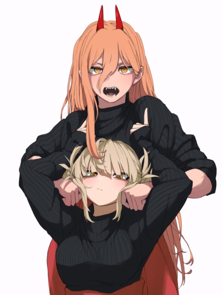2girls black_sweater blonde_hair boku_no_hero_academia breasts chainsaw_man closed_mouth commentary_request company_connection cross-shaped_pupils crossover demon_girl demon_horns ginjaeru hair_between_eyes high-waist_skirt highres horns long_hair long_hair_between_eyes multiple_girls open_mouth orange_hair power_(chainsaw_man) red_horns red_skirt sharp_teeth shueisha simple_background skirt sweater symbol-shaped_pupils teeth toga_himiko trait_connection weekly_shounen_jump white_background yellow_eyes