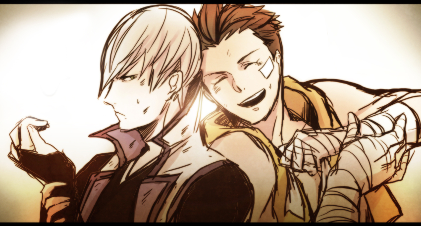 2boys :d ^_^ bandage_on_face bandaged_hand bandages bare_shoulders brown_hair closed_eyes frown gradient_background green_eyes highres ishida_mitsunari_(sengoku_basara) jacket letterboxed looking_at_another makaron611 male_focus multiple_boys open_mouth portrait sengoku_basara smile teeth tokugawa_ieyasu_(sengoku_basara) upper_teeth_only white_background white_hair yellow_jacket