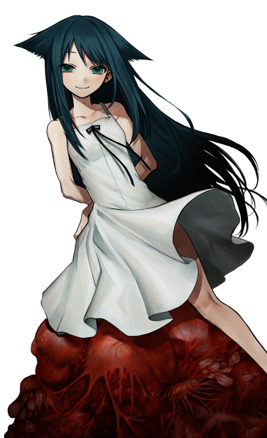 1girl arms_behind_back black_ribbon blood closed_mouth collarbone dress flesh green_eyes green_hair hair_flaps highres long_hair looking_at_viewer ma2_ereki ribbon saya_(saya_no_uta) saya_no_uta sidelocks sleeveless sleeveless_dress smile solo very_long_hair white_dress