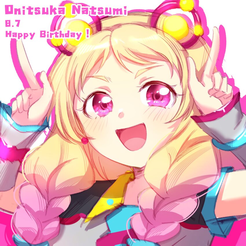 1girl :d blonde_hair blush braid character_name chinese_commentary commentary_request dated drop_shadow gradient_hair happy_birthday highres horns_pose long_hair looking_at_viewer love_live! love_live!_superstar!! low_twin_braids mixed-language_commentary multicolored_hair official_alternate_costume onitsuka_natsumi open_mouth parted_bangs pink_eyes pink_hair sankin_(_sankin510) short_sleeves smile solo twin_braids v-shaped_eyebrows vitamin_summer! white_background