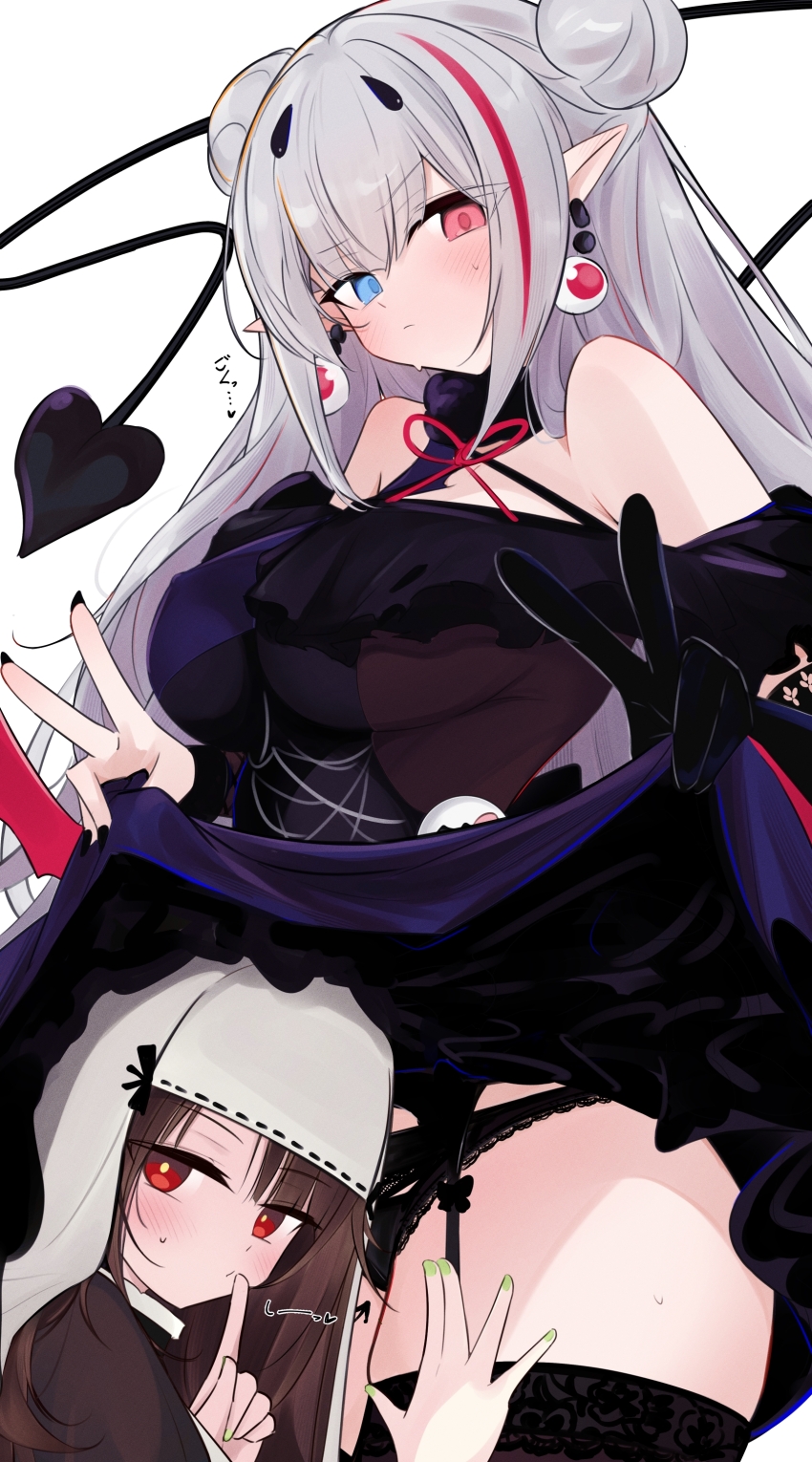 2girls absurdres black_panties body_writing c-ms_(girls&#039;_frontline) c-ms_(to_matka_joanna)_(girls&#039;_frontline) clothes_lift cowboy_shot demon_tail double_bun double_v dress earrings eyeball_earrings finger_to_mouth garter_belt girls&#039;_frontline gloves grey_hair hair_bun halloween halloween_costume head_under_skirt heterochromia highres index_finger_raised jewelry lace lace-trimmed_panties lace_trim lifting_own_clothes long_hair mdr_(ghost_trap)_(girls&#039;_frontline) mdr_(girls&#039;_frontline) multicolored_dress multicolored_hair multiple_girls nail_polish ohichi16 panties pointy_ears single_glove skirt skirt_lift spider_web_print streaked_hair tail under_skirt underwear v vampire