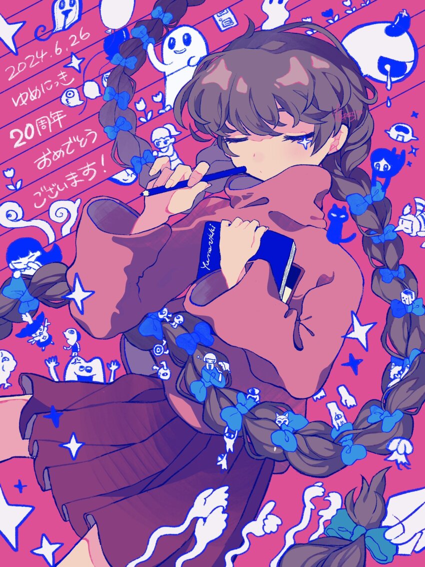 balloon black_cat blue_bow bow braid brown_hair cat closed_eyes dated dave_spector_(yume_nikki) eggplant floppy_disk flower frog_character_(yume_nikki) hair_bow highres holding holding_notebook holding_pencil jellyfish_(yume_nikki) kamakurako kyukkyu-kun long_hair long_sleeves madotsuki mafurako medamaude monoe monoko multiple_hair_bows notebook pencil pink_sweater pleated_skirt red_skirt sekomumasada_sensei skirt solo_focus sparkle sweater takofuusen tokuto-kun toriningen translation_request turtleneck turtleneck_sweater twin_braids uboa ueki_hachi very_long_hair wheelie_(yume_nikki) yume_nikki