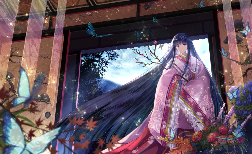 1girl absurdly_long_hair alternate_costume black_hair blue_butterfly blue_flower blunt_bangs blunt_ends blurry branch brown_eyes bug bush butterfly closed_mouth cloud cloudy_sky commentary_request expressionless floral_print flower frilled_sleeves frills highres holding houraisan_kaguya insect japanese_clothes jeweled_branch_of_hourai kikkoumon kimono lavender_(flower) layered_kimono long_hair looking_at_viewer orange_flower outdoors purple_flower red_flower sidelocks sky sleeves_past_fingers sleeves_past_wrists solo standing straight_hair tanaka_fumiko touhou tree very_long_hair wide_sleeves