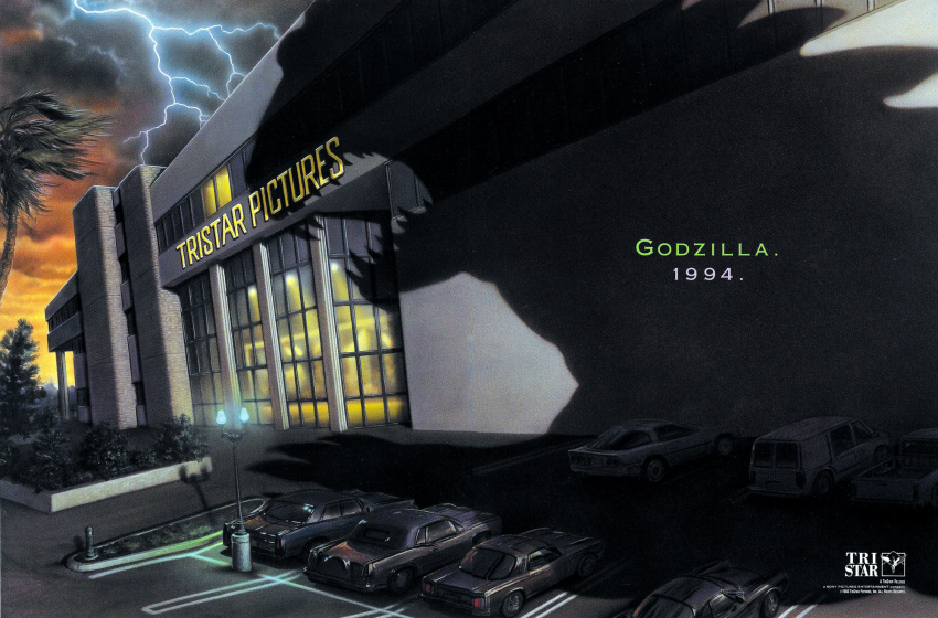 car cloud concept_art cut_content dinosaur giant giant_monster godzilla godzilla_(series) godzilla_(unmade_1994_u.s._film) godzilla_the_series highres kaiju lightning monster motor_vehicle movie_poster no_humans official_art orange_sky shadow sharp_teeth sky spikes storm storm_cloud lamppost sunset teeth toho tree tristar_pictures zilla