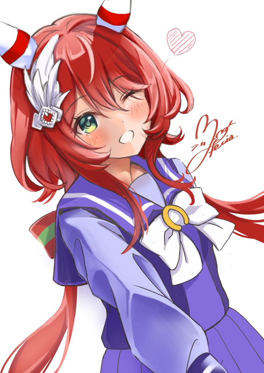 1girl absurdres animal_ears blush breasts commentary_request hair_between_eyes hair_ornament heart highres horse_ears horse_girl horse_tail looking_at_viewer low_twintails miki_lutecia one_eye_closed ribbon school_uniform signature small_breasts tail tracen_school_uniform twintails umamusume white_background win_variation_(umamusume)