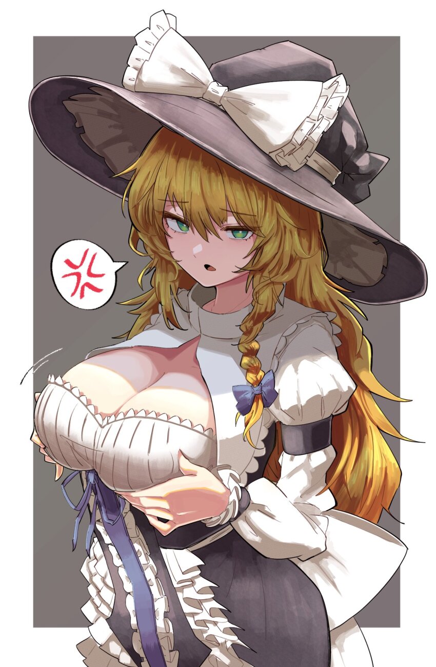 1girl alternate_breast_size alternate_eye_color black_dress blonde_hair bow braid breasts cleavage dress green_eyes hair_bow hair_tubes hat hat_bow highres kirisame_marisa large_breasts long_sleeves odoro_(nicoseiga81184094) side_braid single_braid solo touhou white_bow witch_hat