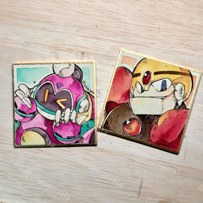 2boys armor blue_eyes bounce_man chest_jewel close-up forehead_jewel guts_man helmet highres male_focus mega_man_(classic) mega_man_(series) mega_man_1 mega_man_11 mega_man_8 multiple_boys one_eye_closed photo_(medium) popopoyata purple_armor purple_helmet robot shikishi traditional_media yellow_helmet