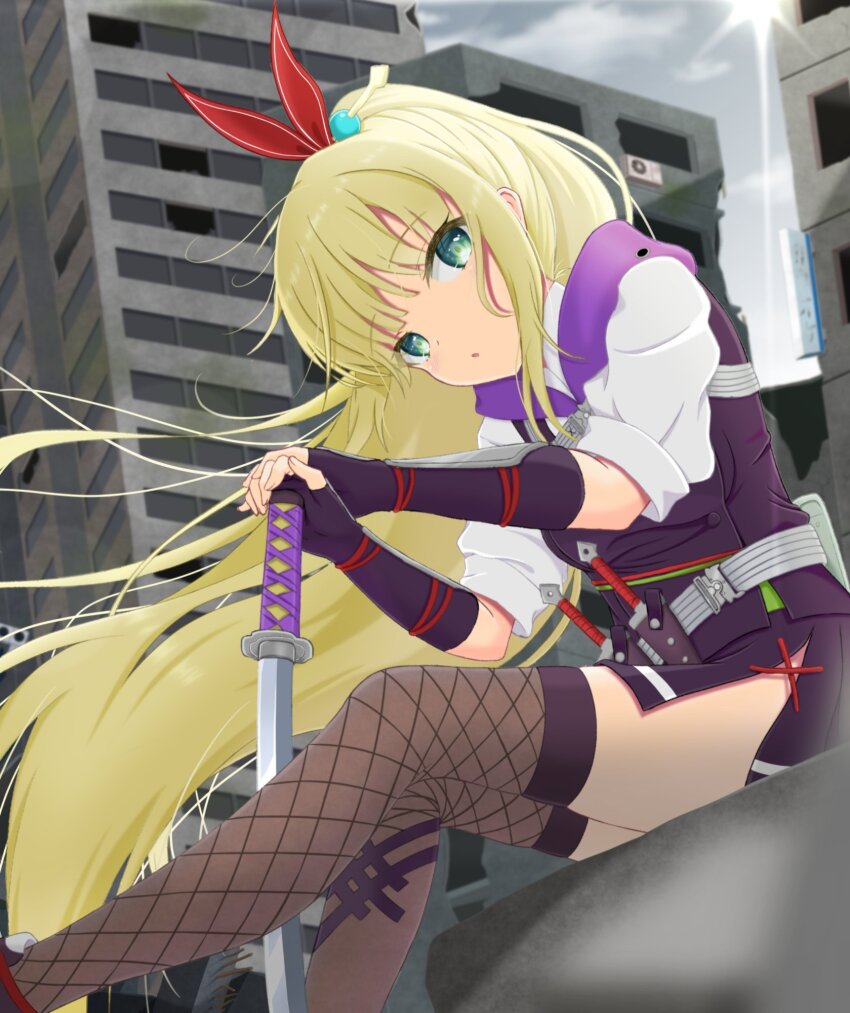 1girl aqua_eyes arm_armor blonde_hair breasts chest_harness fishnet_thighhighs fishnets hair_ornament hair_stick harness heaven_burns_red highres hood hoodie kanzaki_adelheid long_hair medium_breasts mochimugi_rice outdoors ponytail ribbon short_sleeves skirt solo sword thighhighs very_long_hair weapon