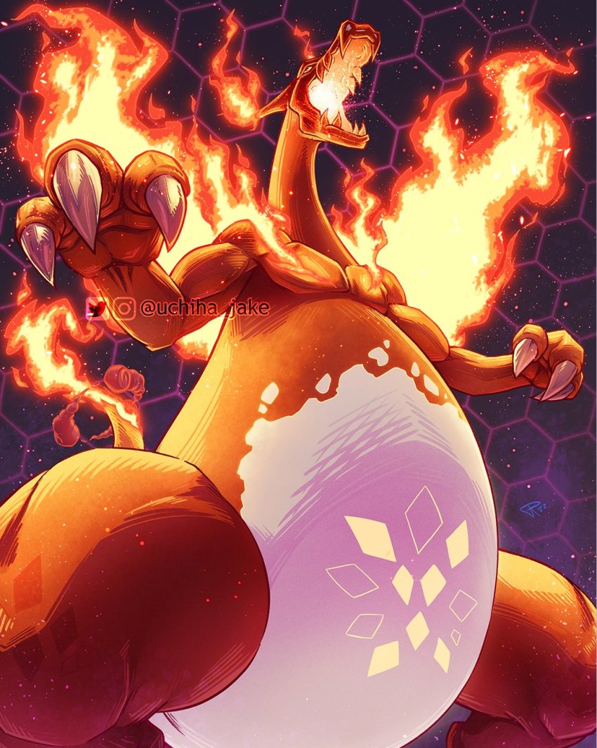 charizard claws commentary dynamax english_commentary fire flame-tipped_tail gen_1_pokemon gigantamax gigantamax_charizard highres lizard nintendo no_humans pokemon pokemon_(creature) solo tail uchiha_jake