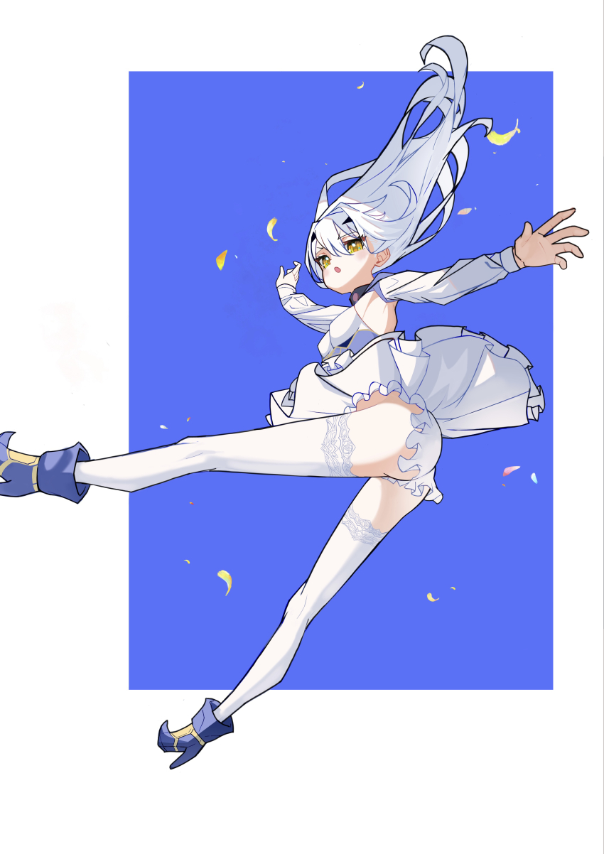 1girl absurdres blue_background blue_dress blush breasts dress fate/grand_order fate_(series) floating_clothes floating_hair forked_eyebrows full_body hair_between_eyes high_heels highres jewelry jumping long_hair long_sleeves looking_at_viewer matemate778 melusine_(fate) melusine_(second_ascension)_(fate) midair open_mouth outstretched_arms outstretched_hand pantyhose pleated_skirt simple_background skirt small_breasts solo spread_fingers thighhighs thighlet white_hair white_pantyhose yellow_eyes zettai_ryouiki