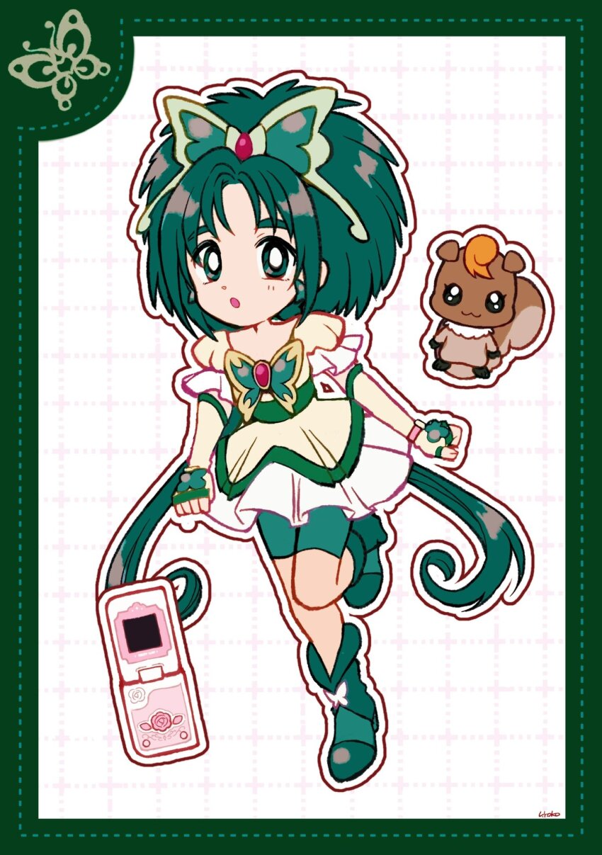 1girl akimoto_komachi animal_print boots border bow bowtie butterfly_hair_ornament butterfly_print cellphone clenched_hands cure_mint deformed dotted_line dress elbow_gloves flip_phone flower frilled_dress frilled_sleeves frills full_body gloves green_boots green_border green_bow green_bowtie green_hair green_sash green_shorts grid_background hair_ornament high_heel_boots high_heels highres leg_up long_hair low_twintails magical_girl nuts_(yes!_precure_5) outline parted_bangs phone precure red_brooch rose sash short_dress short_sleeves shorts shorts_under_skirt squirrel twintails uwded_207 very_long_hair waist_sash watch white_background white_dress white_gloves white_outline wristwatch yes!_precure_5