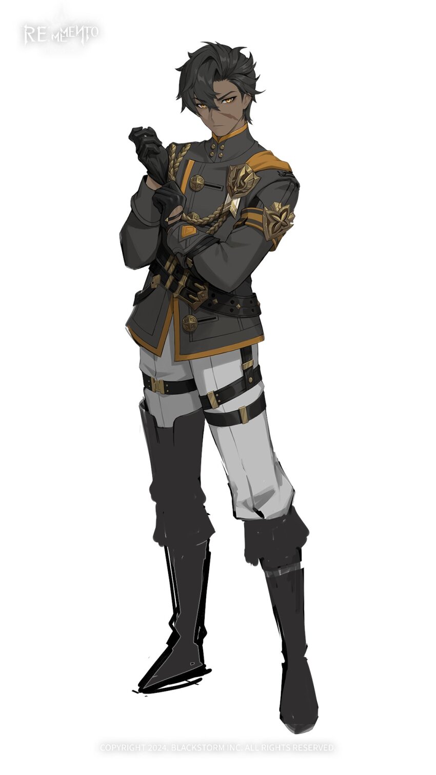 1boy adjusting_clothes adjusting_gloves black_boots black_gloves black_hair boots copyright_name copyright_notice dark-skinned_male dark_skin full_body glove_pull gloves grey_jacket hands_up highres jacket legs_apart logo looking_at_viewer male_focus official_art pants rememento:_white_shadow scar scar_on_face short_hair single_thigh_boot solo standing tachi-e theodore_(rememento) thigh_boots unworn_boots white_background white_pants yellow_eyes