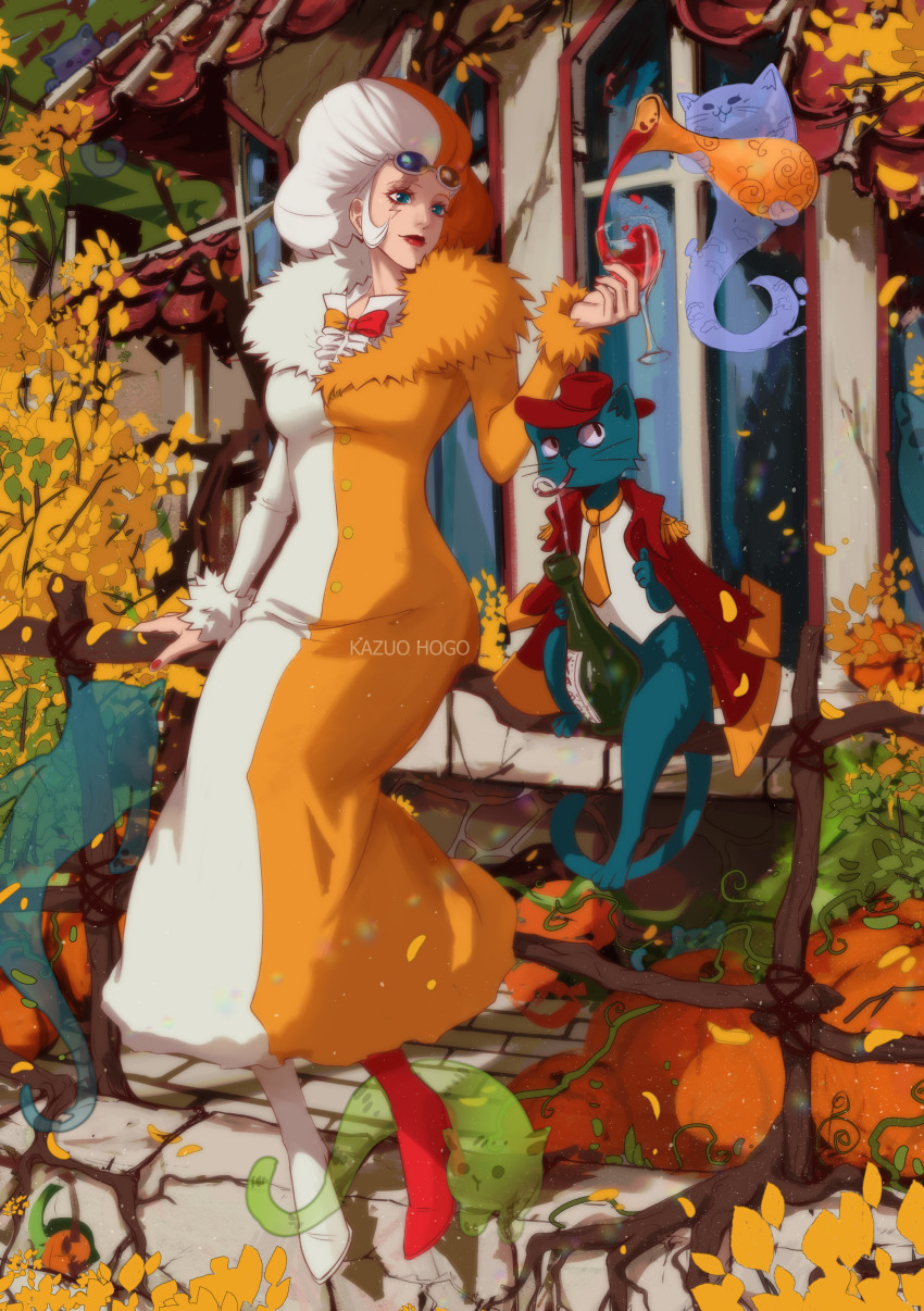 1boy 1girl absurdres akuma_no_mi alcohol blue_eyes bottle breasts cat cigarette cup drinking_glass female_focus genderswap genderswap_(mtf) glasses highres inazuma_(one_piece) large_breasts lipstick makeup mink multicolored_hair necktie neko_neko_no_mi one_piece pirate_costume scar sitting smoke smoking wine wine_bottle wine_glass