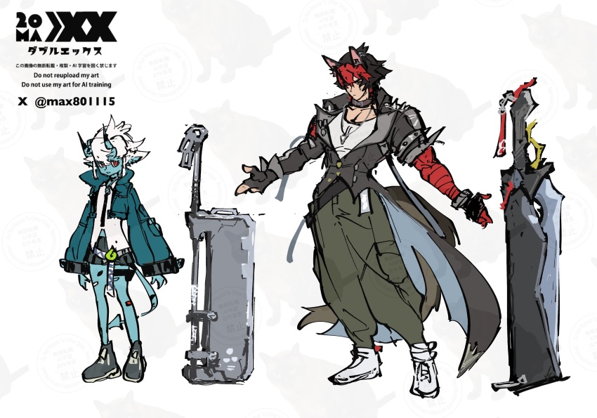 1boy 1girl animal_ear_fluff animal_ears animal_print aqua_jacket bandaid bandaid_on_leg bilingual_text black_gloves black_hair black_jacket black_necktie black_skirt blue_horns blue_oni blue_skin blue_tail cargo_pants cat_print closed_mouth collar colored_skin commentary_request dog_boy dog_ears dog_tail earrings english_text fingerless_gloves gloves green_pants grey_shoes hair_between_eyes hair_between_horns highres horns jacket jewelry komano_manato max801115 mixed-language_text multicolored_hair multicolored_horns muscular muscular_male necklace necktie oni outstretched_arms pants pectorals pointy_ears red_bandage red_eyes red_hair scar scar_across_eye scar_on_face shirt shoes short_hair sketch skin-covered_horns skirt smile soukaku_(zenless_zone_zero) spiked_jacket standing sword tail twitter_username two-tone_horns watermark weapon white_hair white_shirt white_shoes zenless_zone_zero
