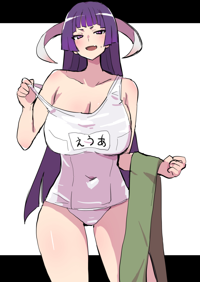 1girl blunt_bangs blush breasts cleavage collarbone covered_navel cowboy_shot eua_(higurashi) fang featherine_augustus_aurora highres higurashi_no_naku_koro_ni higurashi_no_naku_koro_ni_gou horns large_breasts long28 long_hair looking_at_viewer open_mouth purple_eyes purple_hair sidelocks simple_background skin_fang smile solo sweatdrop umineko_no_naku_koro_ni white_background
