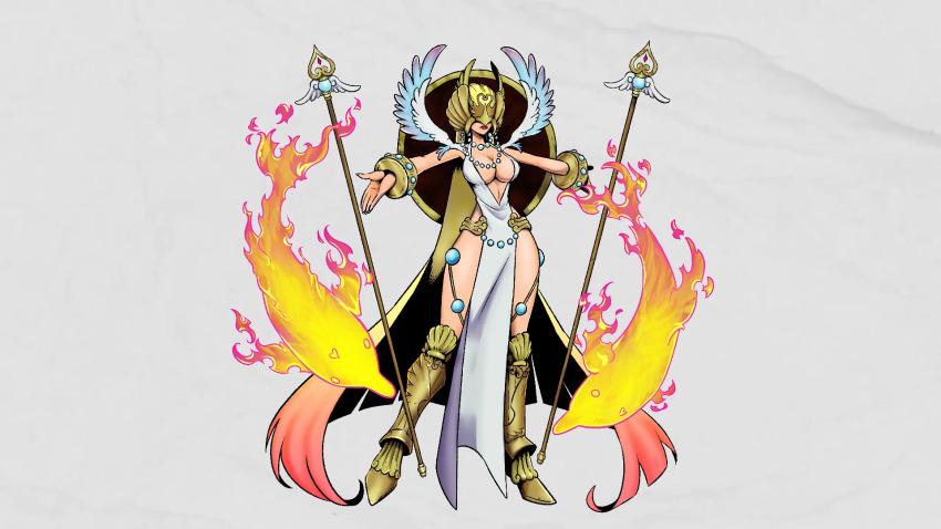 1girl breasts digimon digimon_(creature) female_focus fire fusion highres marsmon original solo venusmon wings
