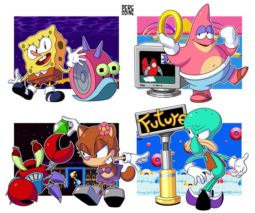 1girl 3boys animal_nose aqua_skin bald big_nose bikini bikini_skirt blue_shorts body_fur boots brown_fur brown_shorts brown_vest buck_teeth chaos_emerald colored_skin crab crabmeat_(sonic) eyeshadow flower_ornament frown gary_the_snail gem gloves gold_ring grey_footwear half-closed_eyes hand_up highres holding holding_gem holding_jewelry holding_ring jewelry looking_at_viewer makeup monitor mr._krabs multicolored_footwear multiple_boys multiple_legs navel no_pants non-humanoid_robot open_clothes open_mouth open_vest outline parody patrick_star percodine pink_skin pointy_footwear purple_bikini purple_footwear purple_skirt ring ring_(sonic) robot robot_animal sandals shorts signpost skirt smile snail sonic_(series) sonic_cd sonic_the_hedgehog_(classic) spongebob_squarepants spongebob_squarepants_(series) squidward_tentacles squirrel_girl style_parody swimsuit teeth v-shaped_eyes vest waving white_footwear white_gloves white_outline yellow_skin