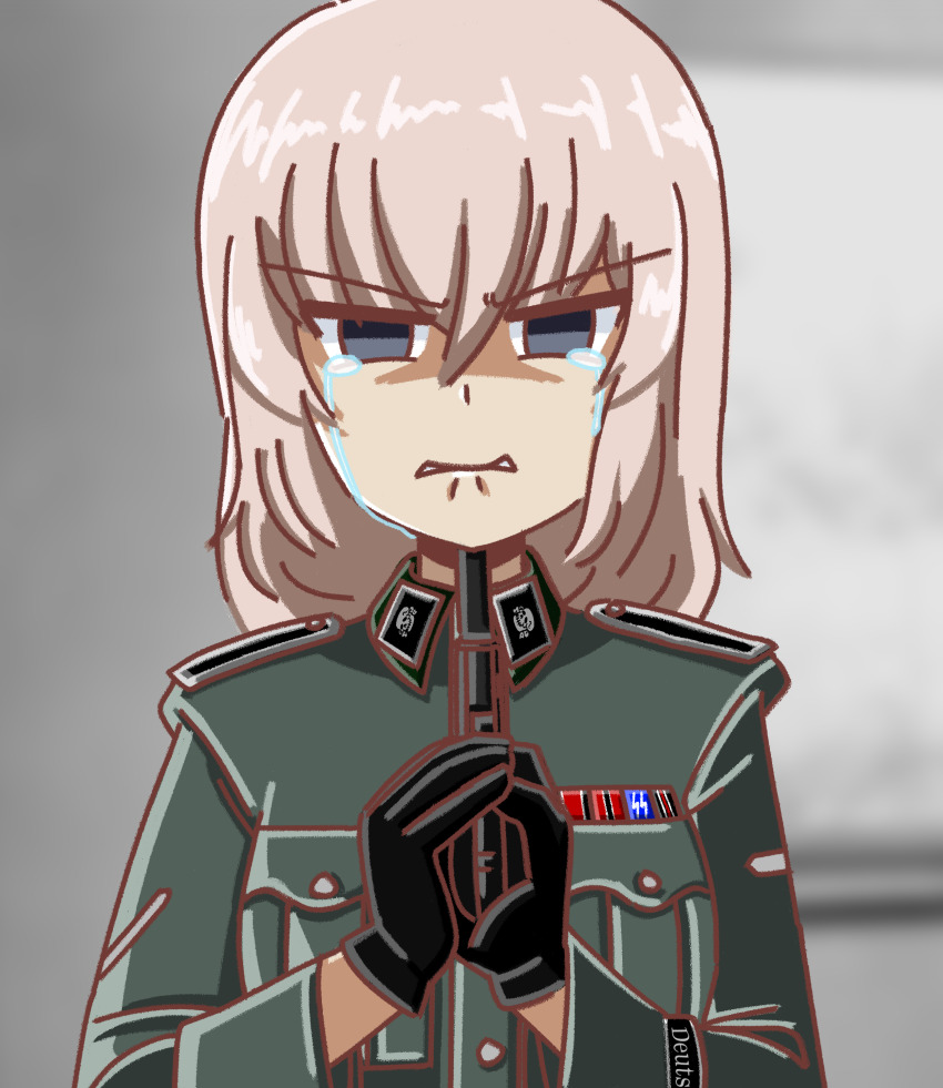 1girl absurdres angry black_cat03 black_gloves blue_eyes crying crying_with_eyes_open frown germany girls_und_panzer gloves grey_eyes grey_hair gun handgun highres holding holding_gun holding_weapon imminent_suicide indoors itsumi_erika long_hair military nazi tears waffen-ss weapon world_war_ii