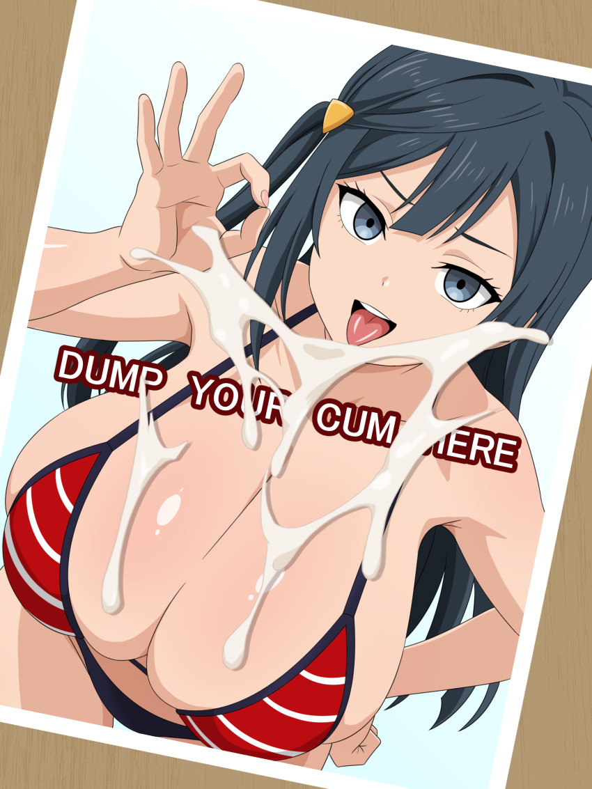 1girl absurdres bikini black_hair breasts cum_on_object cum_on_photo cum_tribute cumtribute english_text grey_eyes handjob_gesture highres huge_breasts japanese_text long_hair love_live! love_live!_nijigasaki_high_school_idol_club migikoba smile swimsuit translated white_background yuki_setsuna