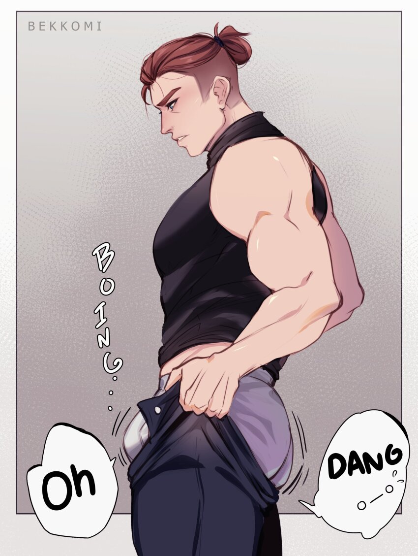 1boy absurdres ass ass_lift bara bare_arms bekkomi blush bouncing_bulge brown_hair bulge bulge_lift dressing english_text feet_out_of_frame from_side grey_male_underwear hair_bun hair_slicked_back highres i&#039;ve_never_seen_a_guy_recreate_this_successfully_tbh_(meme) jhin large_pectorals league_of_legends looking_at_bulge male_focus male_underwear meme motion_lines muscular muscular_male open_pants pants pants_lift pectorals shirt short_hair sideburns sleeveless sleeveless_shirt solo sound_effects thick_eyebrows thighs undercut undersized_clothes underwear