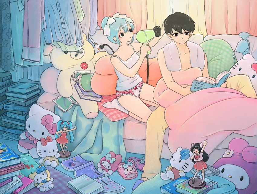 1boy 1girl aqua_bra aqua_hair black_eyes black_hair book book_stack bra cameo camisole commentary copyright_request couch couple figure hair_bun hair_dryer hatsune_miku hello_kitty hello_kitty_(character) highres indoors my_melody onegai_my_melody open_book original otaku otaku_room otaple pants procreate_(medium) rilakkuma ring_411 san-x sanrio shirt short_hair single_hair_bun sitting stuffed_animal stuffed_toy teddy_bear underwear vocaloid white_camisole yellow_pants