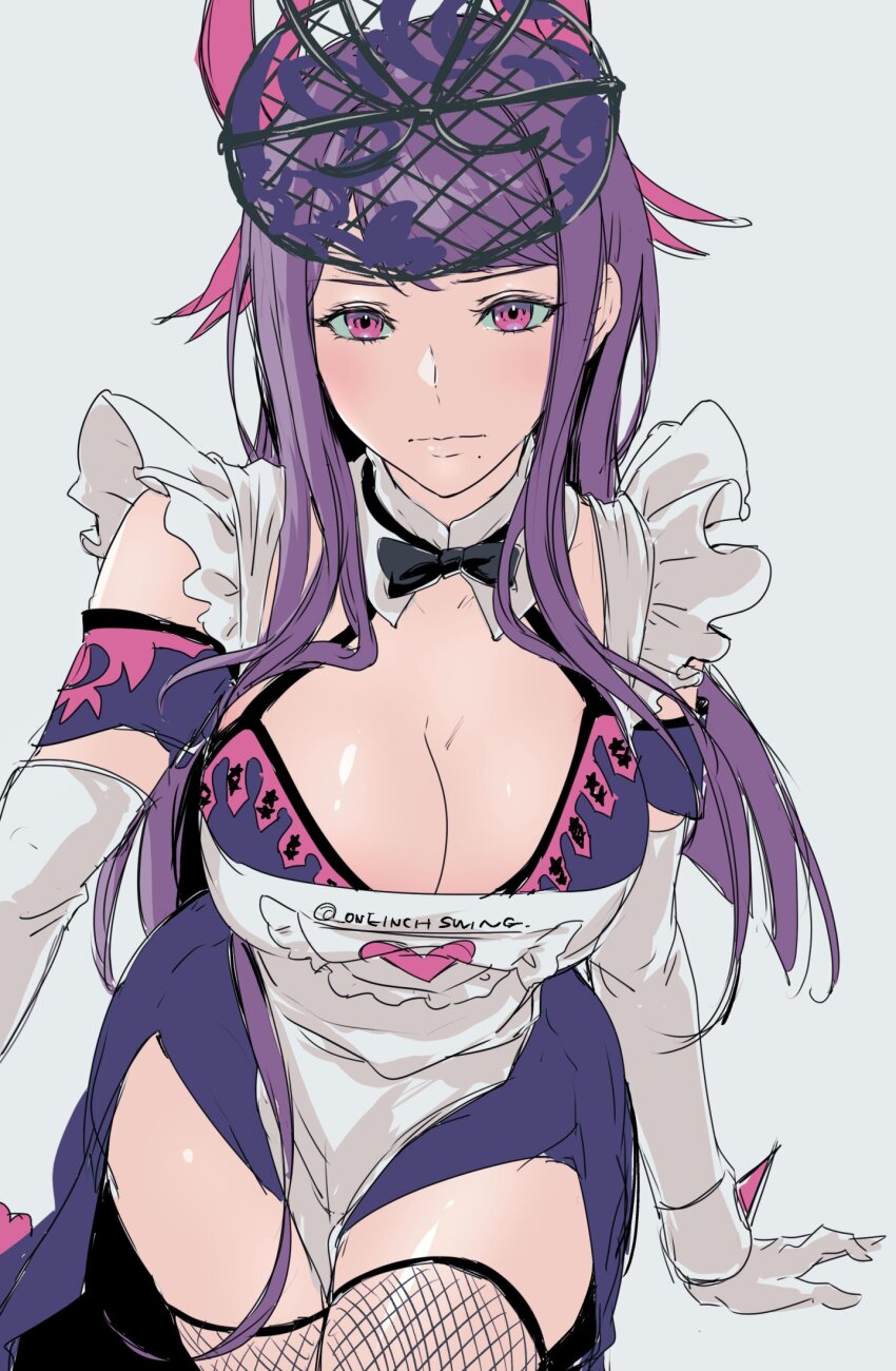 1girl alternate_costume apron breasts cleavage closed_mouth dress elbow_gloves fascinator fire_emblem fire_emblem_engage fishnet_thighhighs fishnets gloves highres ivy_(fire_emblem) large_breasts long_hair looking_at_viewer mole mole_under_eye nintendo pink_hair purple_dress purple_hair solo thighhighs umi_(_oneinchswing) white_apron white_background white_gloves