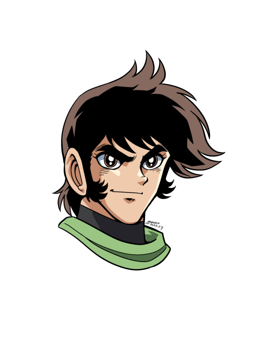 1boy 2025 brown_eyes brown_hair dated getter_robo getter_robo_(classic) green_scarf highres ishikawa_ken_(style) looking_at_viewer male_focus miroku_(miroku_t) nagare_ryoma official_style portrait scarf short_hair sideburns smile solo thick_eyebrows