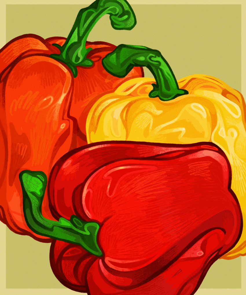 analogous_colors bell_pepper border colorful film_grain food food_focus green_background highres no_humans orange_pepper original quezify red_pepper simple_background still_life vegetable yellow_border yellow_pepper