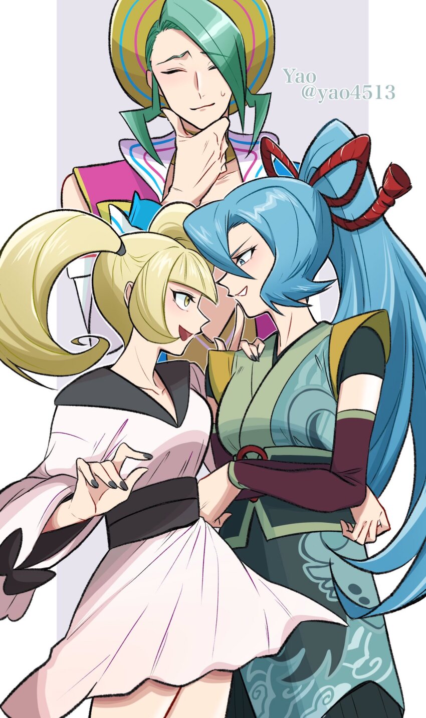 1boy 2girls aqua_hair artist_name blonde_hair blue_eyes clair_(new_year&#039;s_2024)_(pokemon) clair_(pokemon) closed_eyes closed_mouth collarbone commentary_request dress furisode_girl_(pokemon) furisode_girl_katherine grey_background hair_between_eyes high_ponytail highres long_hair medium_hair multiple_girls nintendo official_alternate_costume open_mouth pillarboxed pokemon pokemon_masters_ex pokemon_xy ponytail standing sweat teeth thinking twitter_username wallace_(new_year&#039;s_2024)_(pokemon) wallace_(pokemon) white_dress yao_(evep3835) yellow_eyes