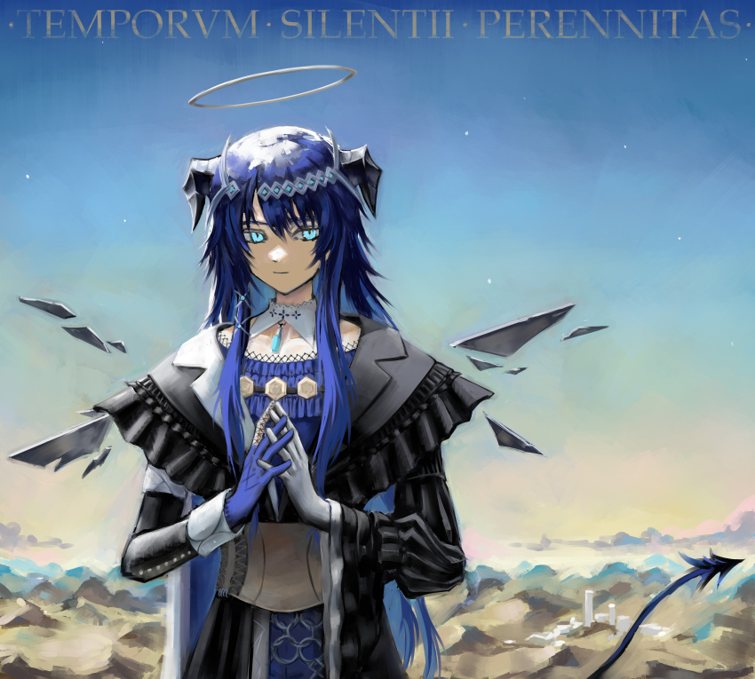 1girl absurdres ambience_synesthesia arknights asymmetrical_dress asymmetrical_gloves asymmetrical_sleeves black_dress black_horns black_tail black_wings blue_dress blue_eyes blue_gloves blue_hair brown_corset collar corset demon_horns demon_tail detached_collar diamond_hair_ornament dress energy_wings eudaemonm gloves gradient_sky grey_gloves grey_halo halo highres horns latin_text layered_dress light_smile long_hair long_sidelocks long_sleeves looking_at_viewer mismatched_gloves mismatched_sleeves mostima_(arknights) mostima_(ethereal_harmony)_(arknights) outdoors own_hands_together pendant_collar puffy_long_sleeves puffy_sleeves sidelocks single_wide_sleeve sky solo star_(sky) straight-on swept_bangs tail traditional_halo translation_request upper_body white_collar white_dress white_sleeve_cuffs wings