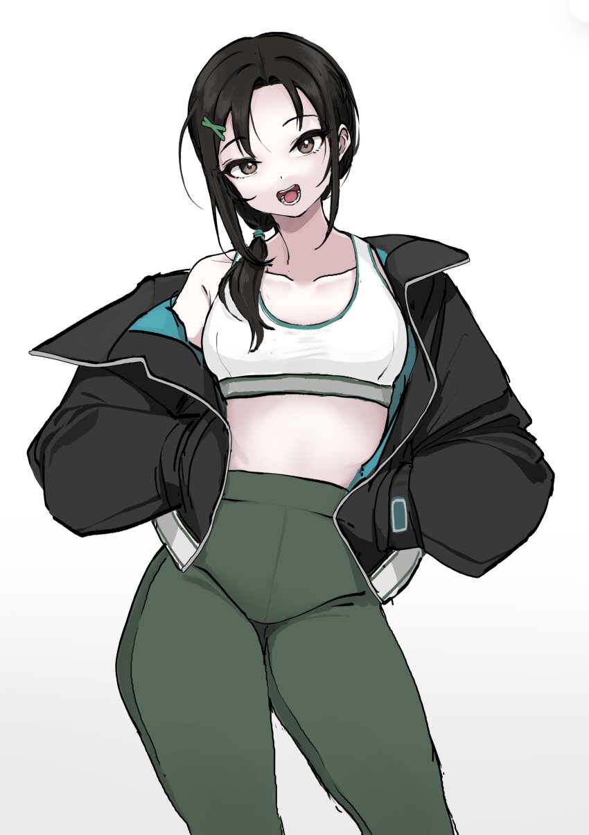 1girl absurdres aoki_kei black_hair breasts brown_eyes hair_ornament hairclip hands_on_own_hips highres idolmaster idolmaster_cinderella_girls jacket low_ponytail medium_breasts midriff open_clothes open_jacket pants ponytail simple_background sports_bra sweatpants trainer_(idolmaster) ushimochi white_background